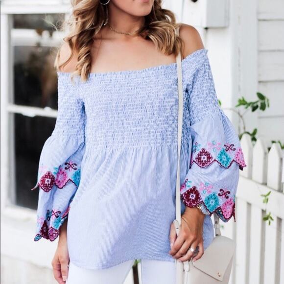 Loft Fiesta blue & white stripe with embroidered sleeves Off The Shoulder Top - Picture 1 of 7